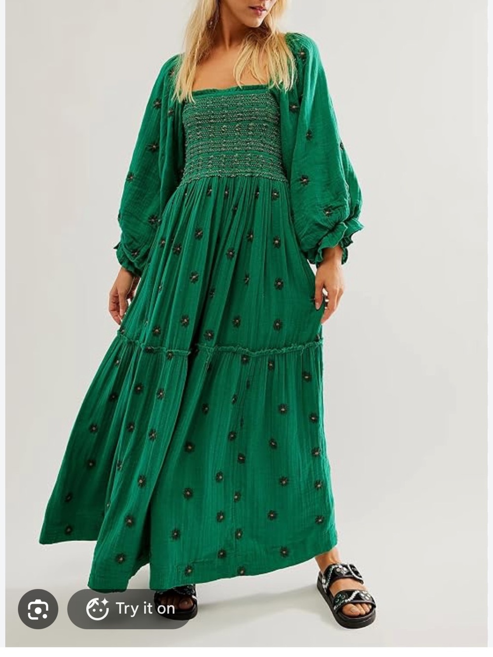Free People Dahlia Embroidered Gauzy Smocked Puff Sleeve Maxi Dress